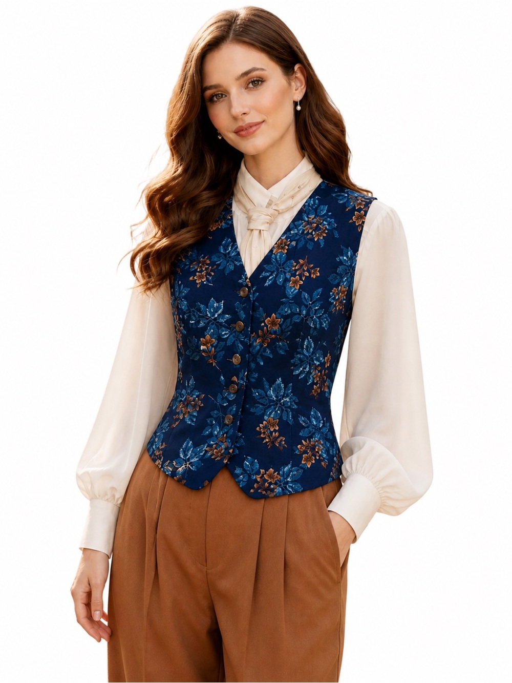 Charter Club Petite 100% Silk Floral Vest Navy Button Front Tailored